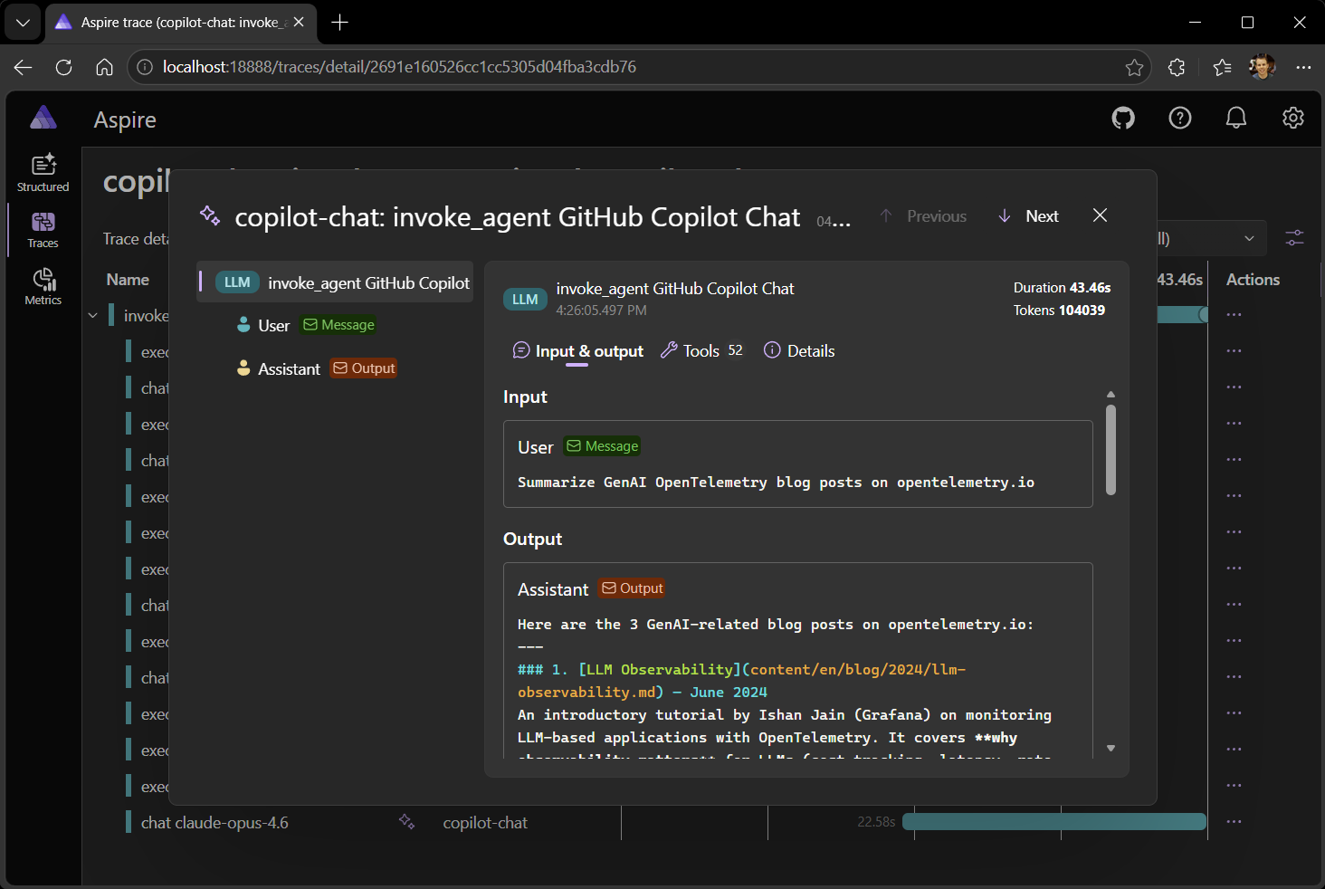 Aspire Dashboard GenAI telemetry visualizer showing a chat-style view of prompts and responses